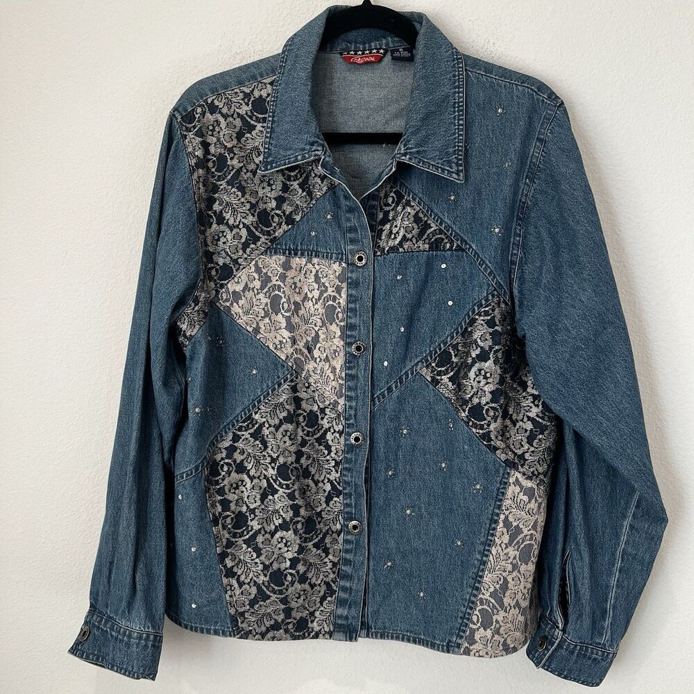 Vintage Agapo Denim Button Up Shirt Womens Xl Patchwork Fall School Lace Preppy